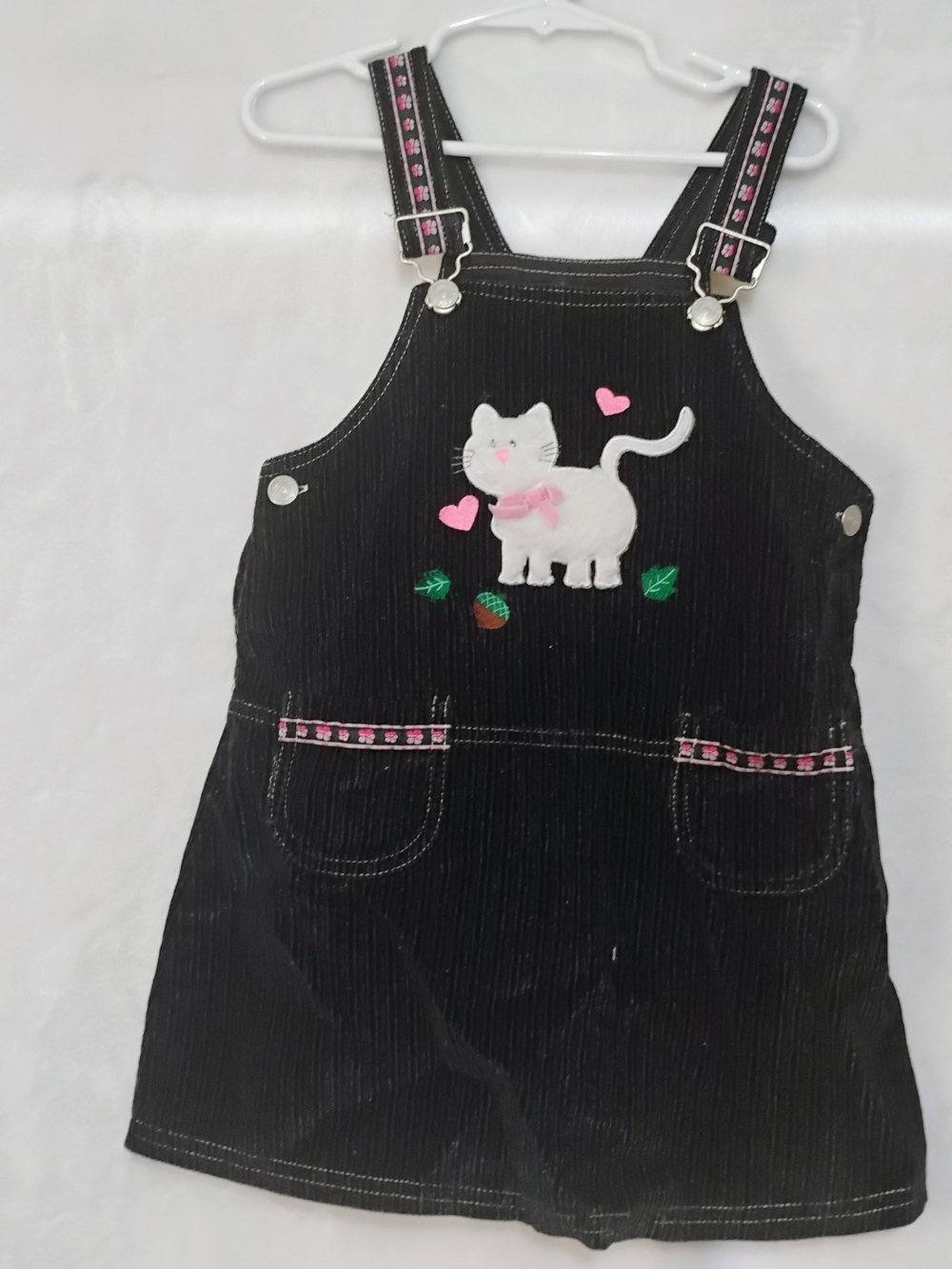 Vtg Baby Togs 5T ? Black Corduroy Fuzzy Cat Overall Jumper Dress Pockets T